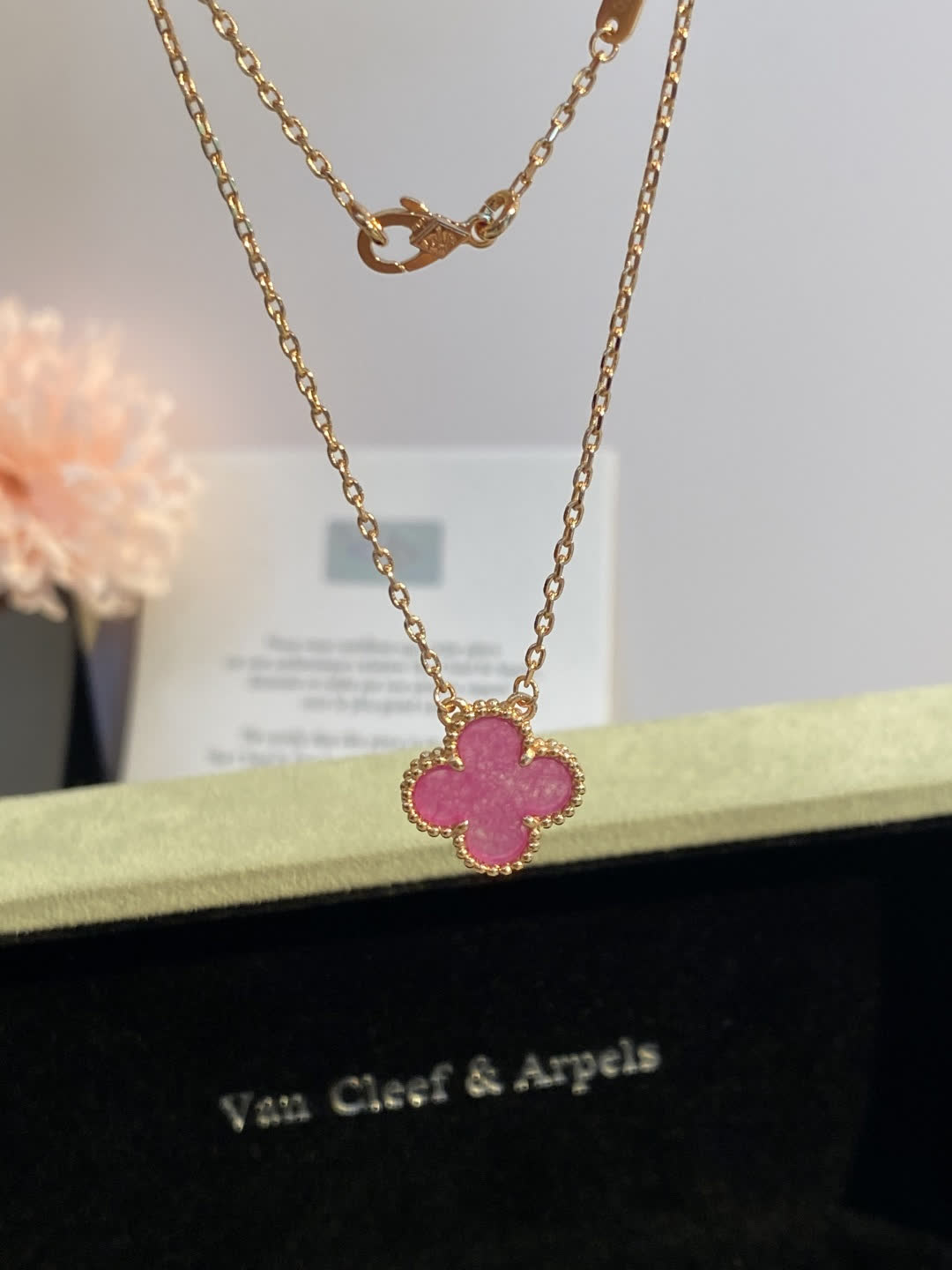 Van Cleef & Arpels Vintage Alhambra Pink Enamel Gold Necklace